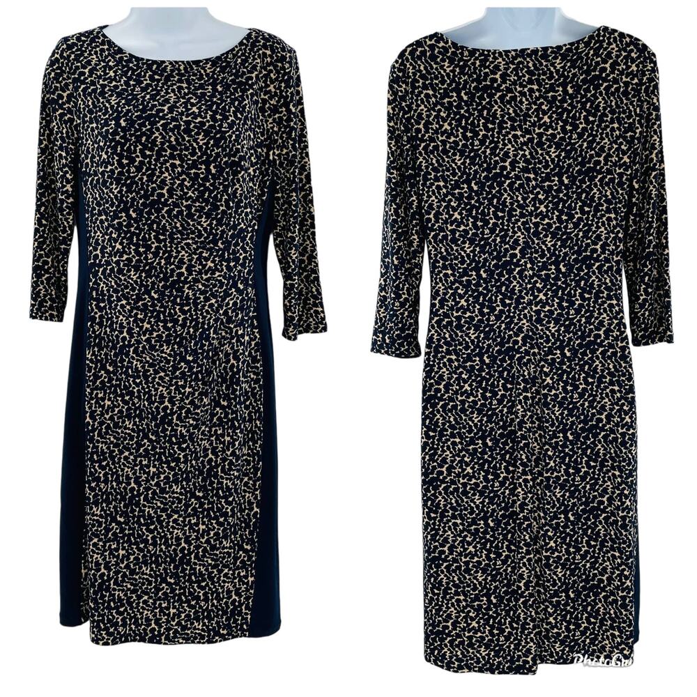 Lauren Ralph Lauren Navy Tan Animal Print Stretch Knit Classic Sheath Dress 8